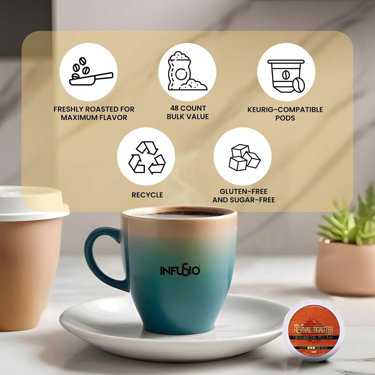 InfuSio Coffee Pods Variety Pack – 96 Count, 12 Blends of Crafted Origins and Indulgent Flavors Including Bourbon Pecan, Butter Toffee & Hazelnut, Medium & Dark Roast, No Sweeteners, Low Acid, Keurig Compatible