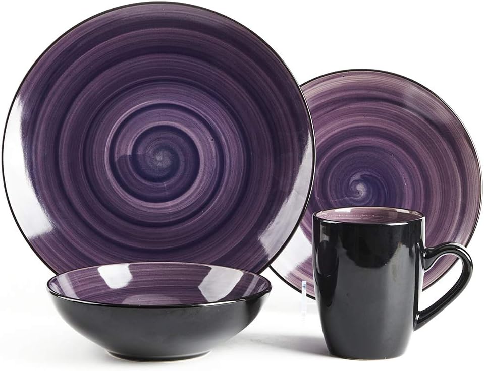HomeVss, Sonoma Stoneware Dinnerware Set, Outside Black + Inside Hand Painting Color (16pc Set, Grey)
