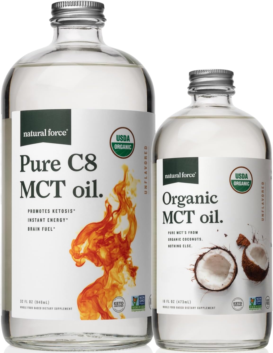 Natural Force Organic Pure C8 + Organic Full Spectrum MCT Oil – USDA Organic, Non GMO, 100% Pure Coconut MCTs – Keto, Paleo, Vegan