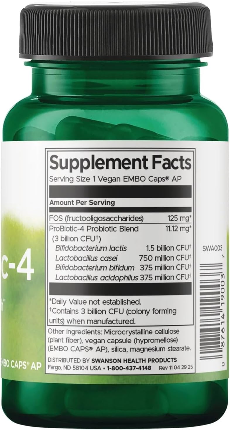 Swanson Probiotic-4 3 Billion Cfu 60 Veg Capsules | 3 Billion CFU from 4 Broad-Spectrum Probiotic Strains Plus Prebiotics, Supports Bowel Regularity and Microbiome