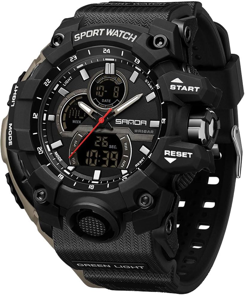 FANMIS Men Sports Outdoor Watch Analog Digital Multifunctional Black Watch | Black Sports Watch Casual Quartz Wristwatch Waterproof Military Wrist Watch Tactics LED Alarm Stopwatch Digital Watch for Men