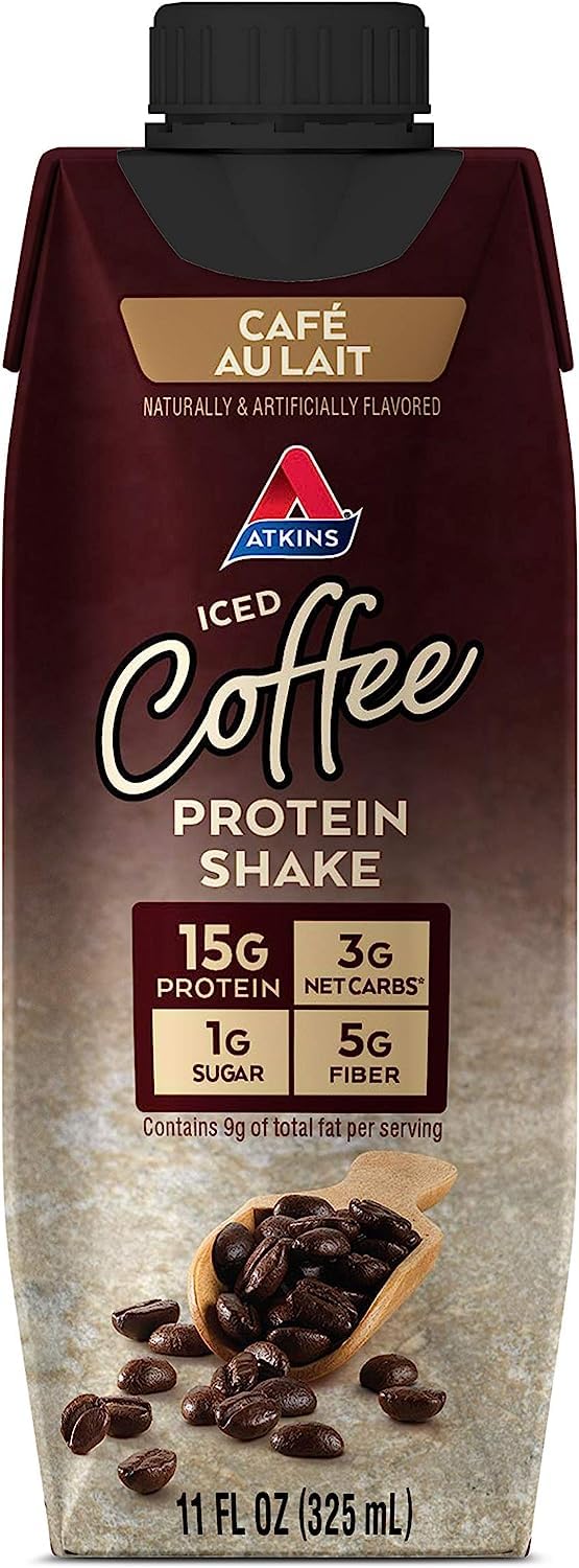 Atkins Café au Lait Iced Coffee Flavored High Protein Shake, Low Sugar and Low Carb, Keto Friendly, Ready to Drink Protein Drink, Gluten Free