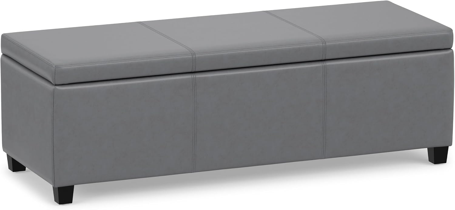 SIMPLIHOME Avalon 48" Wide Vegan Leather Storage Ottoman in Brown