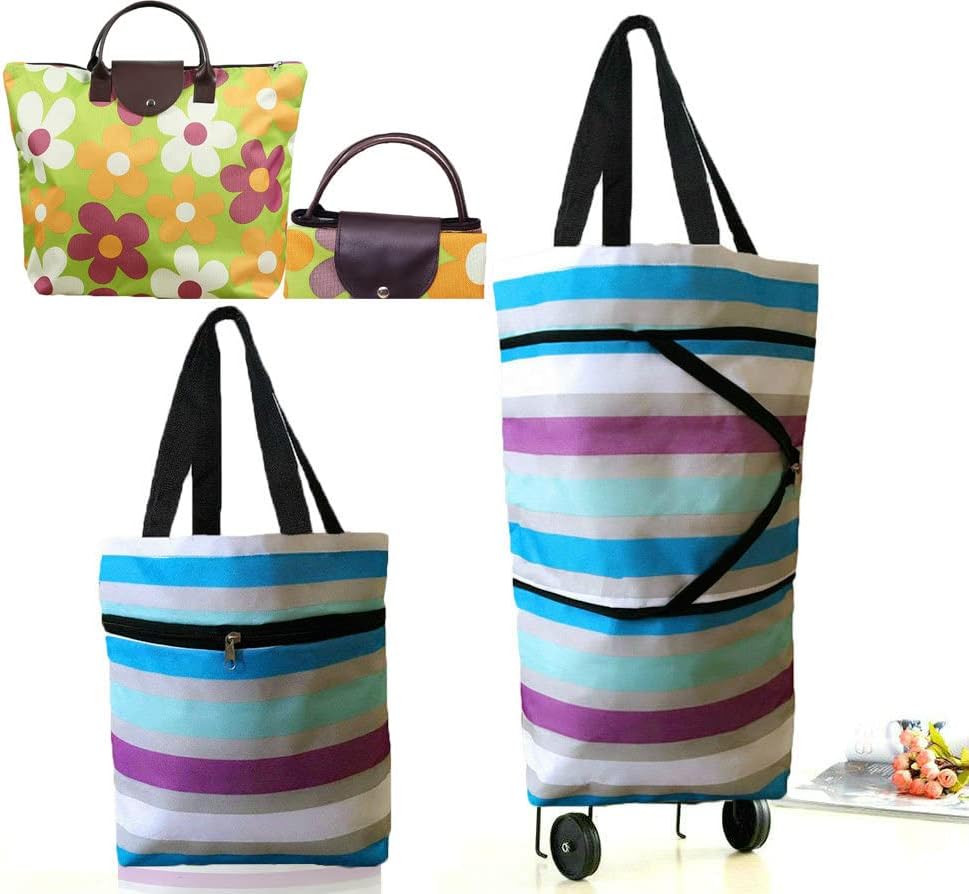 Collapsible Shopping Bag with Wheels Portable Shopping Cart with 360° Swivel Wheels Rolling Tote Bag Reusable Grocery Bag Trolley Bag on Wheels for Travel Shopping and Daily Use(Blue)