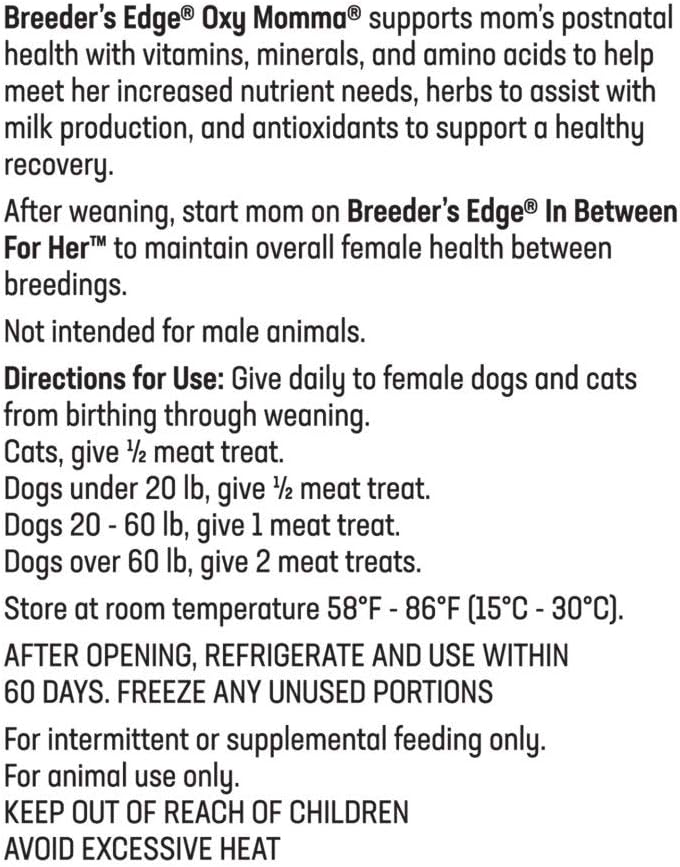 Breeder's Edge Oxy Momma Soft Chews, Postnatal Vitamin Supplement for Lactating Dogs and Cats, Supports Recovery, Hormones, and Next Pregnancy - for Medium & Large Dogs, 40ct Soft Chews