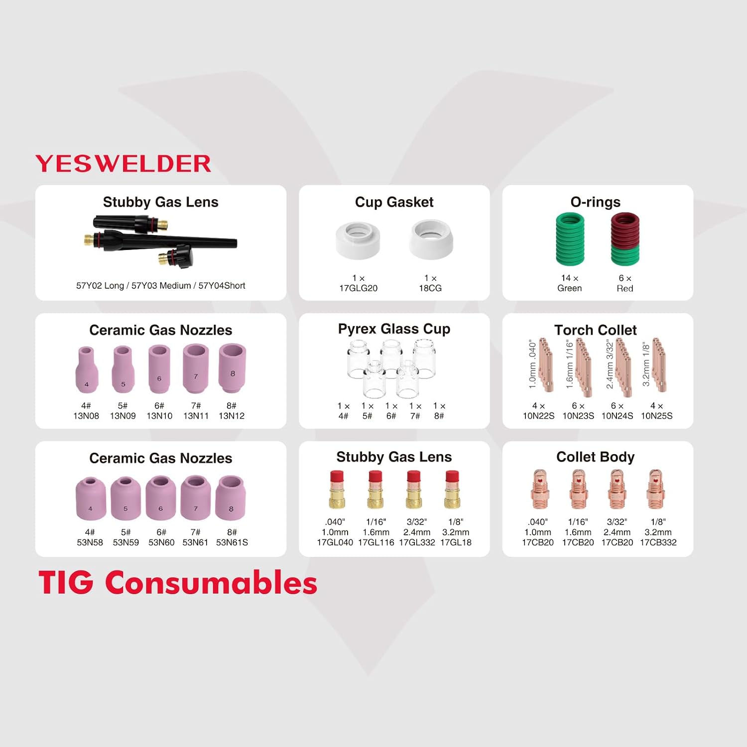YESWELDER 49Pcs TIG Welding Torch Stubby Gas Lens #10 Glass Cup Kit
