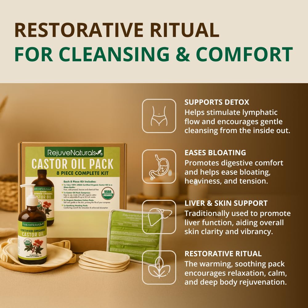 RejuveNaturals Castor Oil (16oz Glass Bottle) USDA Certified Organic, 100% Pure, Cold Pressed, Hexane Free. Boost Hair Growth for Thicker, Fuller Hair, Lashes & Eyebrows.