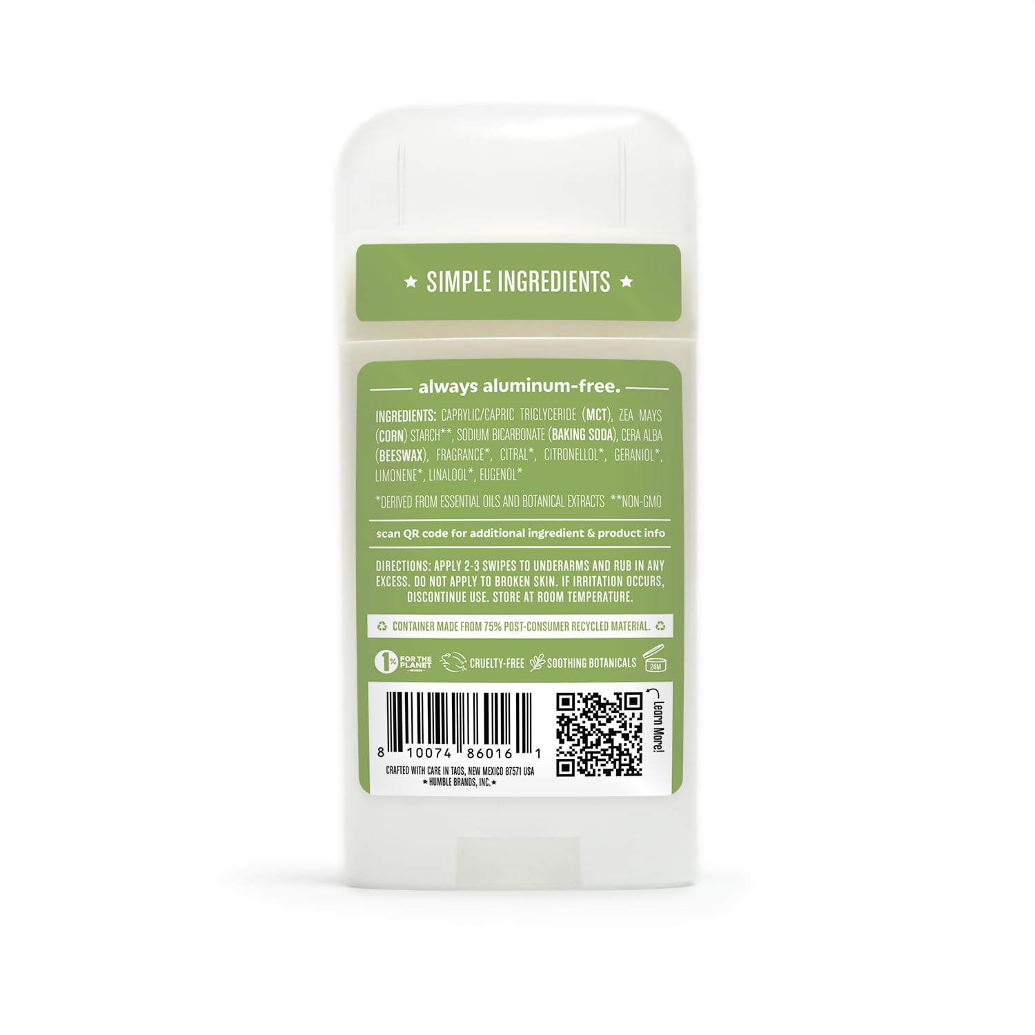 Humble Aluminum-Free Deodorant, Simply Unscented - 1 Pack | Baking Soda-Free, Clean, Fresh, Natural, Essential Oils, Sensitive Skin, Long-Lasting Odor Control, Cruelty-Free, Men & Women