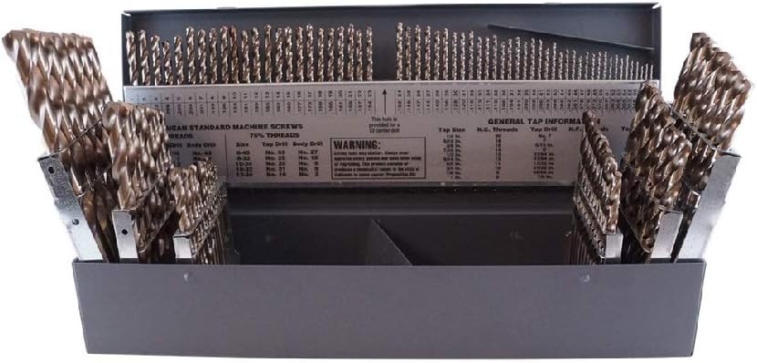 Cleveland C70367 115 Piece M42 Cobalt Heavy Duty Jobber Length Drill Bit Set, Gold Oxide Finish, Round Shank, Spiral Flute, 135 Degrees Split Point
