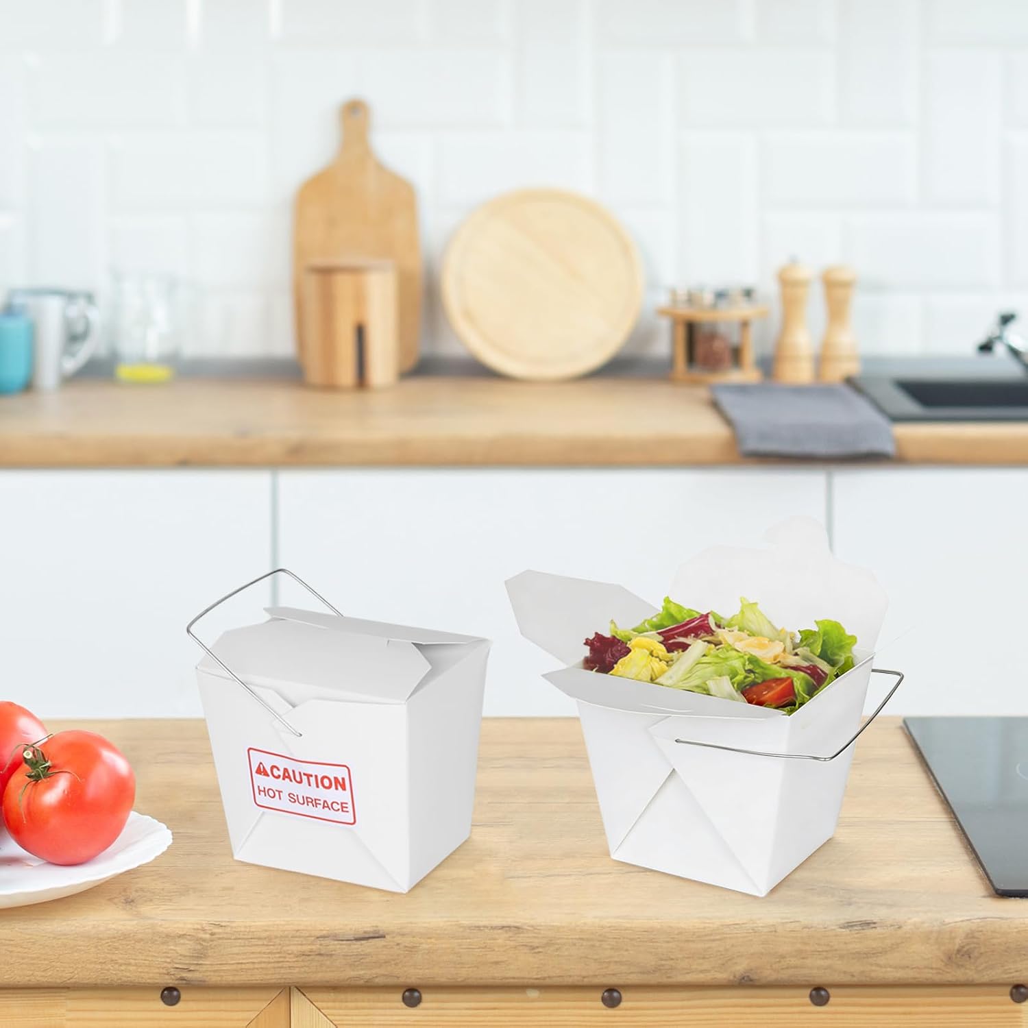 zmybcpack 50 Pack 16oz/1 Pint Chinese Take Out Boxes, Paper Food Containers | Chinese To Go Boxes with Metal Wire Handle & Labels for Hot Or Cold Food