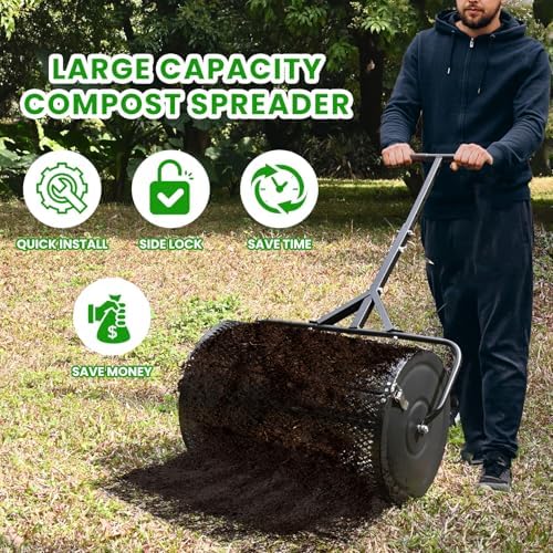 MAKEATREE 24 Inch Compost Spreader and Peat Moss Spreader, Lawn Roller for Spreading Top Soil Manure Dirt, Black