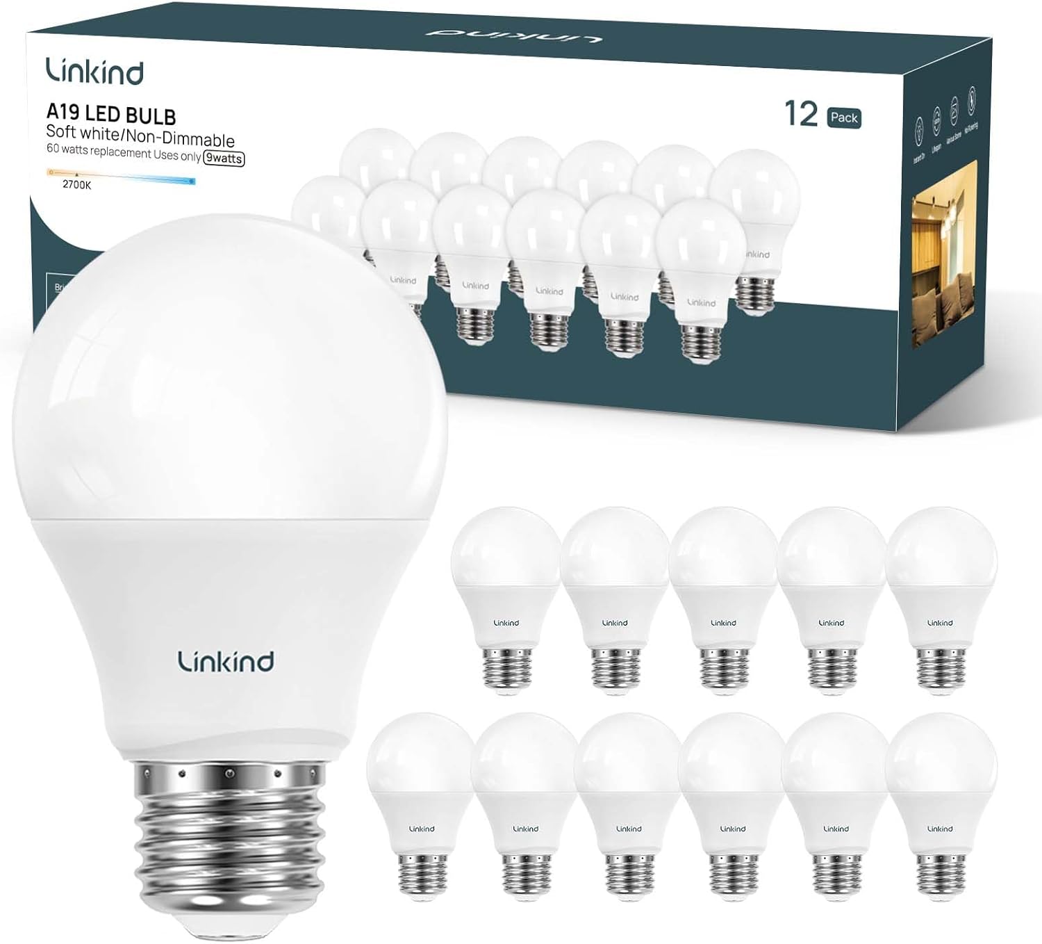 Linkind A19 LED Light Bulbs, 100 Watt Equivalent, 2700K Soft White 6 Packs