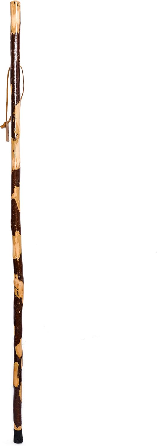 FOREST PILOT Handcrafted Nature Wood Hiking Stick 55 Inches Long - with Hand Strap and Rubber Tip Cover - Transparent Waterproof Painting Coating