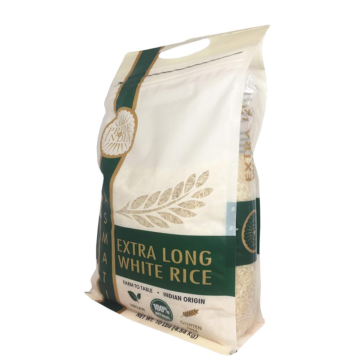 Pride Of India - Extra Long Indian Premium White Basmati Rice, 10 Pound (4.54 Kilo) Reclosable Bag - Naturally Aromatic, Aged, Flavorful, Slender, Non Sticky Grains - Great Value for Money