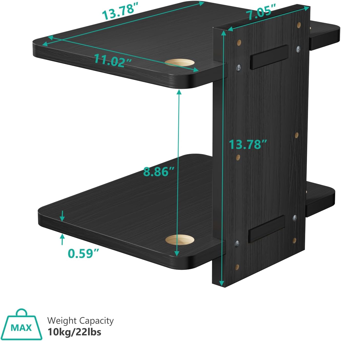 WALI Floating TV Shelf, 2 Tier Glass Projector Shelf for DVD Players, Routers, Game Consoles, Cable Boxes, Living Room Decor, Wall Mount Shelves Hold Up to 17.6lbs (CS202B), 2-Shelf, Black