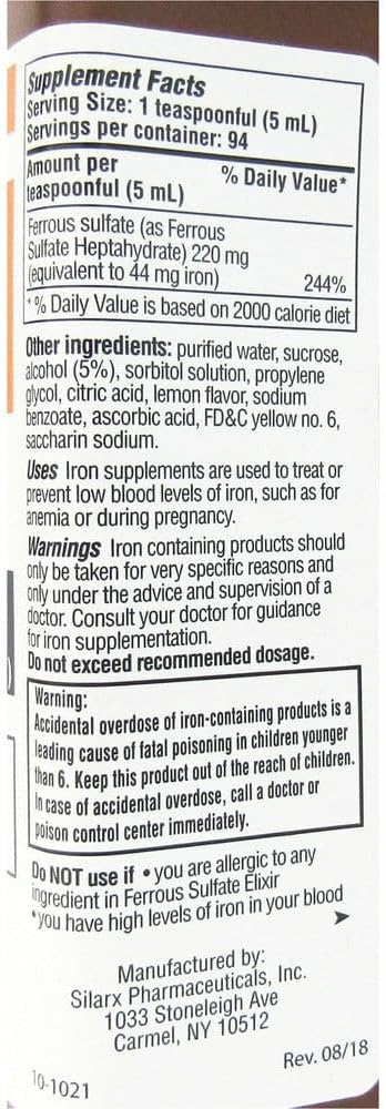 Ferrous Sulfate Elixir 220mg/5mL 16oz Bottle - 4 Pack
