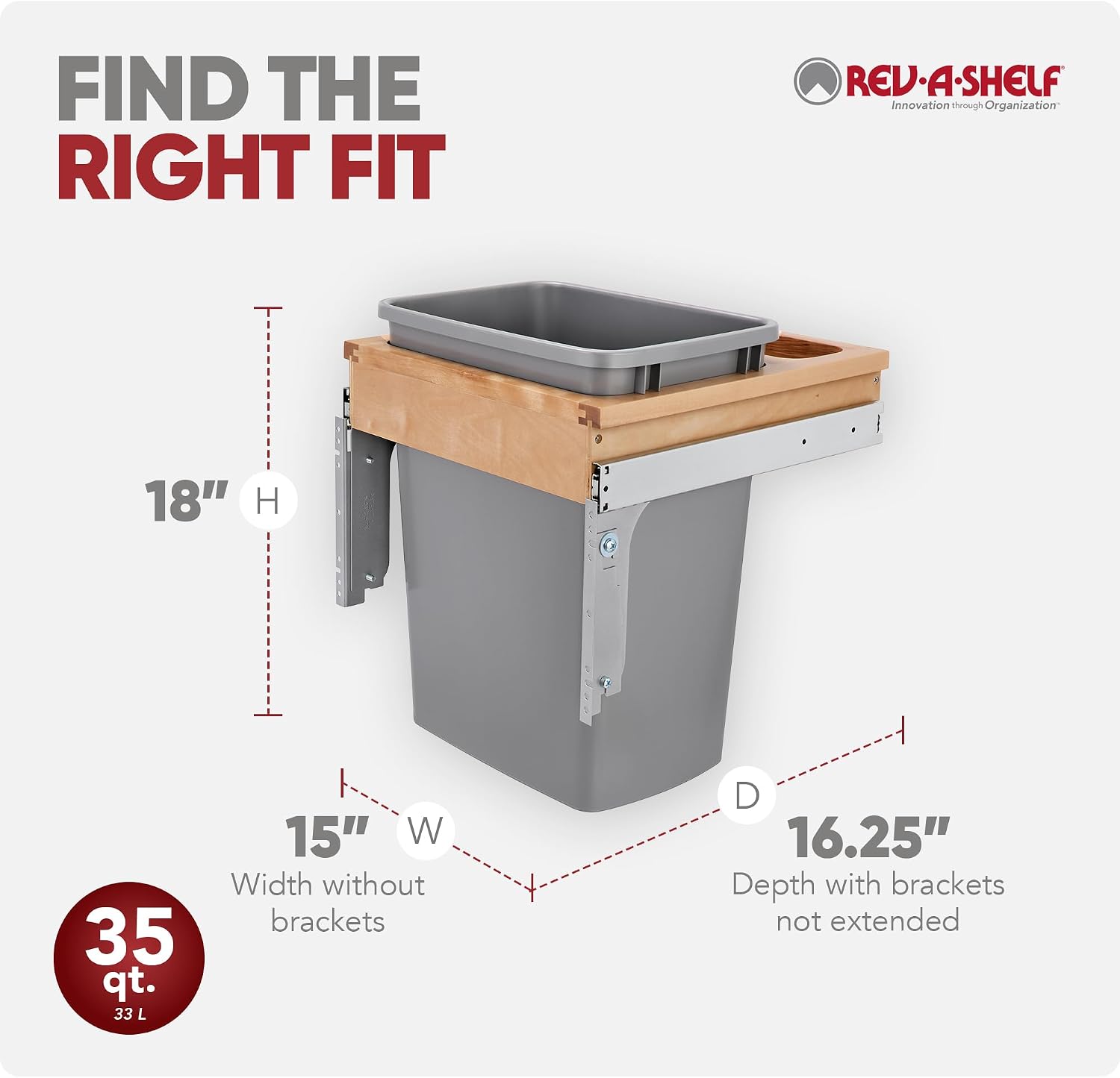 Rev-A-Shelf Top Mount Single Pullout Under Cabinet 35 Quart Kitchen Trash Can w/Storage & Reduced Depth, 150 Pound Rated Full-Extension Slides