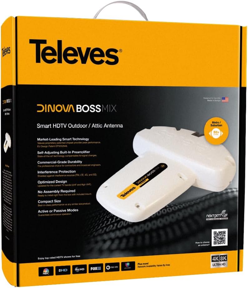Televes DiNova Boss Mix 144286 Attic/Outdoor HDTV Antenna – Smart UHF/VHF TV Antenna with Built-in Signal Amplification and FM/LTE/4G/5G Filtering