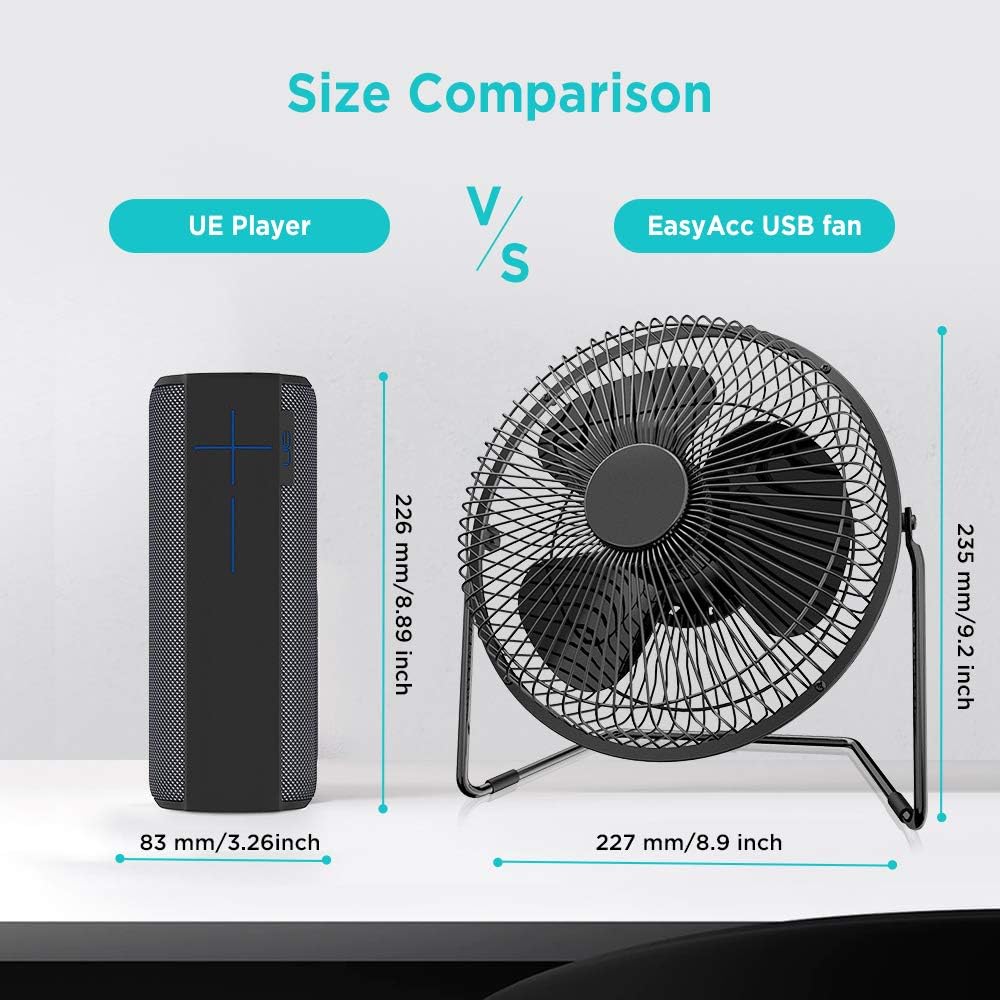 EasyAcc 9 Inch USB Desk Fan Ultra-quiet USB Powered 360° Rotation Desktop Fan with Metal Frame, Portable Personal Cooling Fan with 2 Speed for Home Office (USB POWERED ONLY)