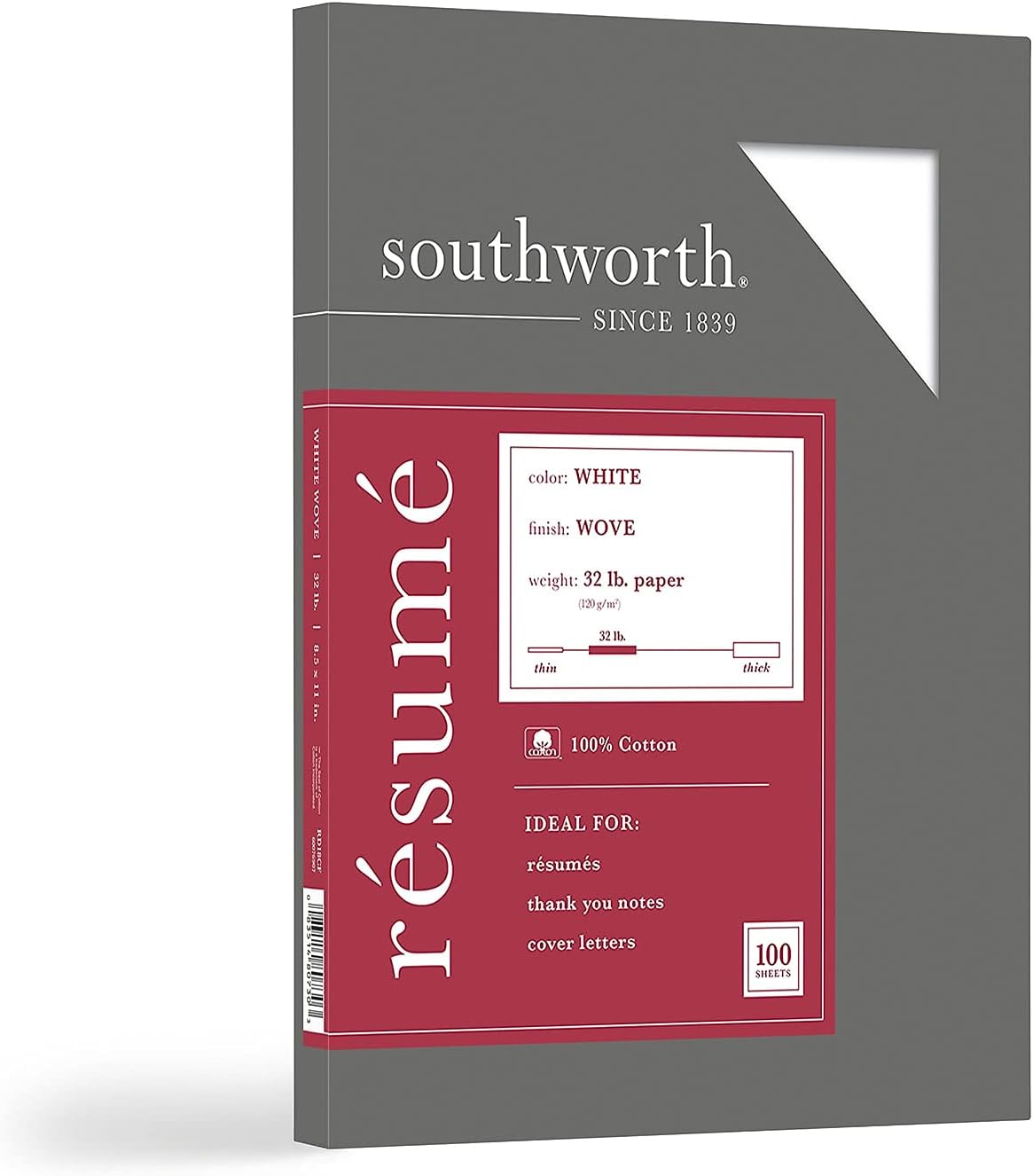 Southworth® 100% Cotton Résumé Paper, 8 1/2" x 11", 32 Lb, 100% Recycled, White, Pack of 100