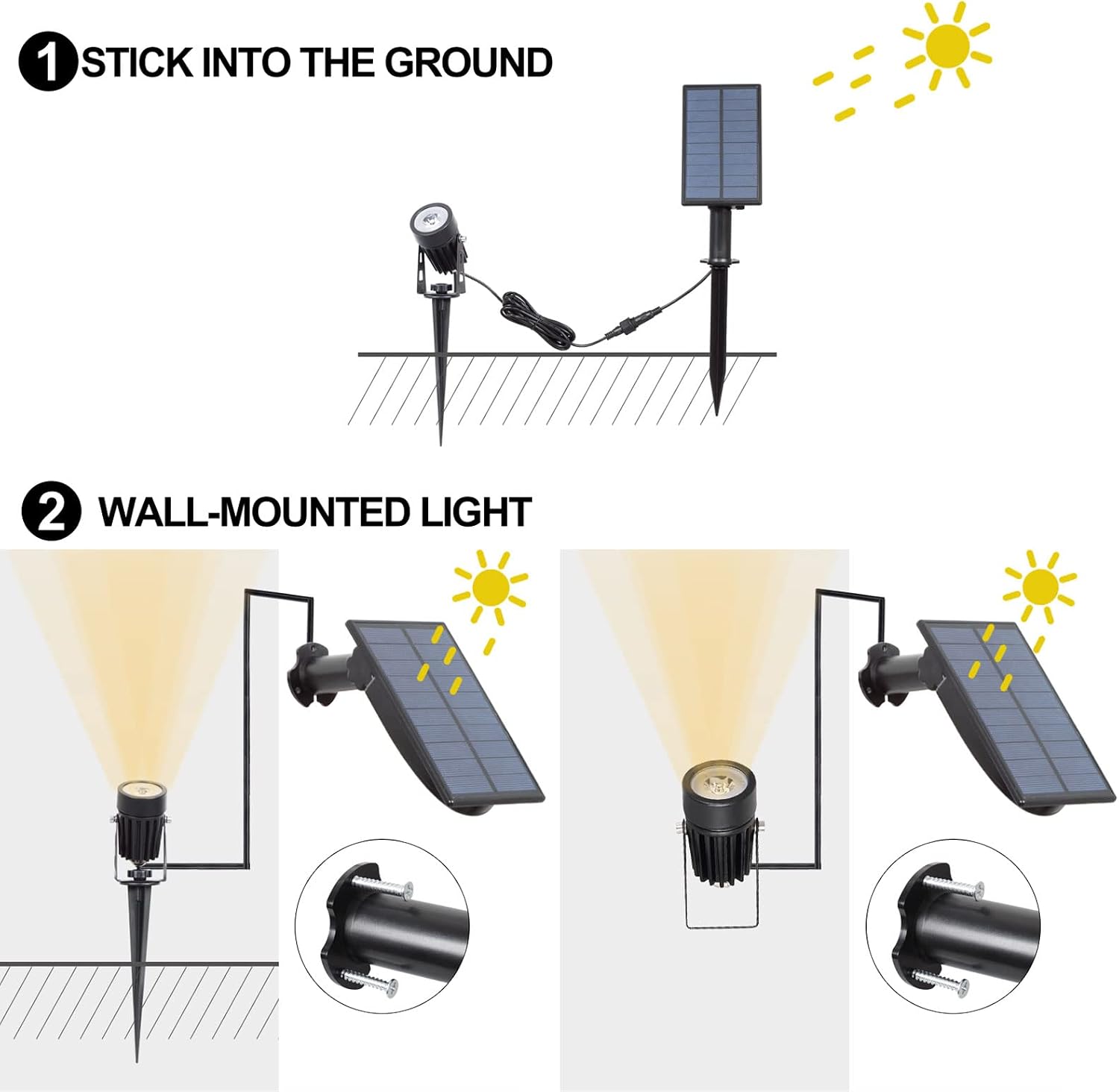 T-SUN Solar Spot Lights Outdoor, Dual Head Solar Spotlights, Cool White | IP65 Waterproof, 2 Brightness Modes, Dusk to Dawn Solar Uplights for Garden, Yard, Pathway, Patio, Lawn