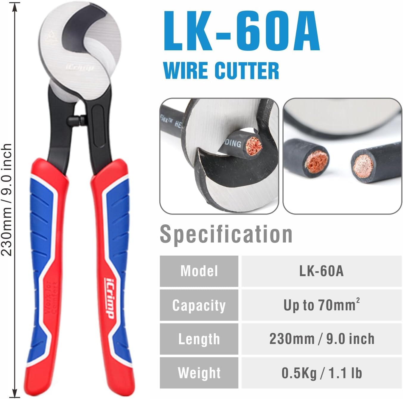 iCrimp Battery Cable Lug Crimping Tool for 8, 6, 4, 2, 1, 1/0 AWG Heavy Duty Wire Lugs, Battery Terminal, Copper Lugs with Wire Shear Cutter