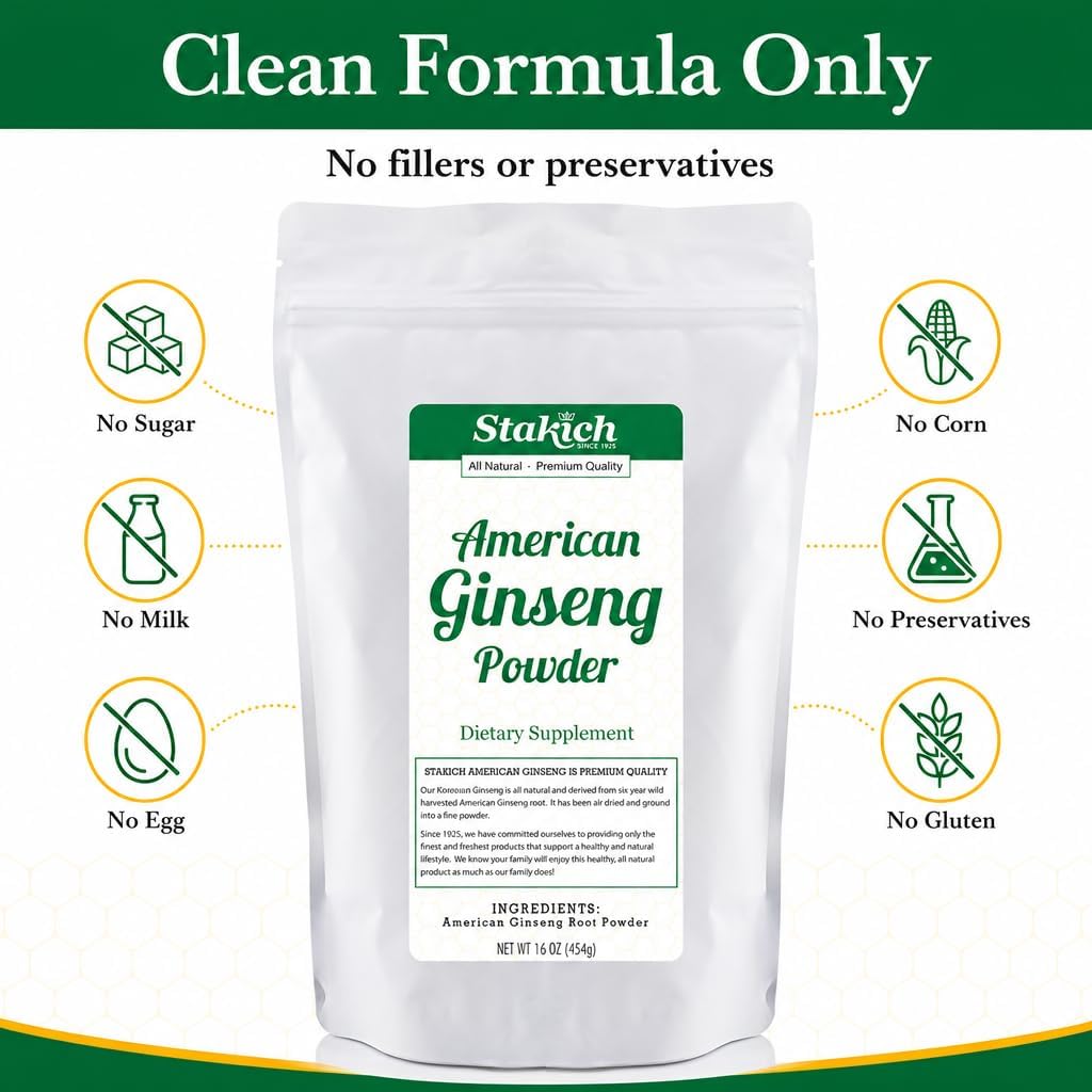 Stakich American Ginseng Root Powder - 100% Pure Root Powder - 1 lb