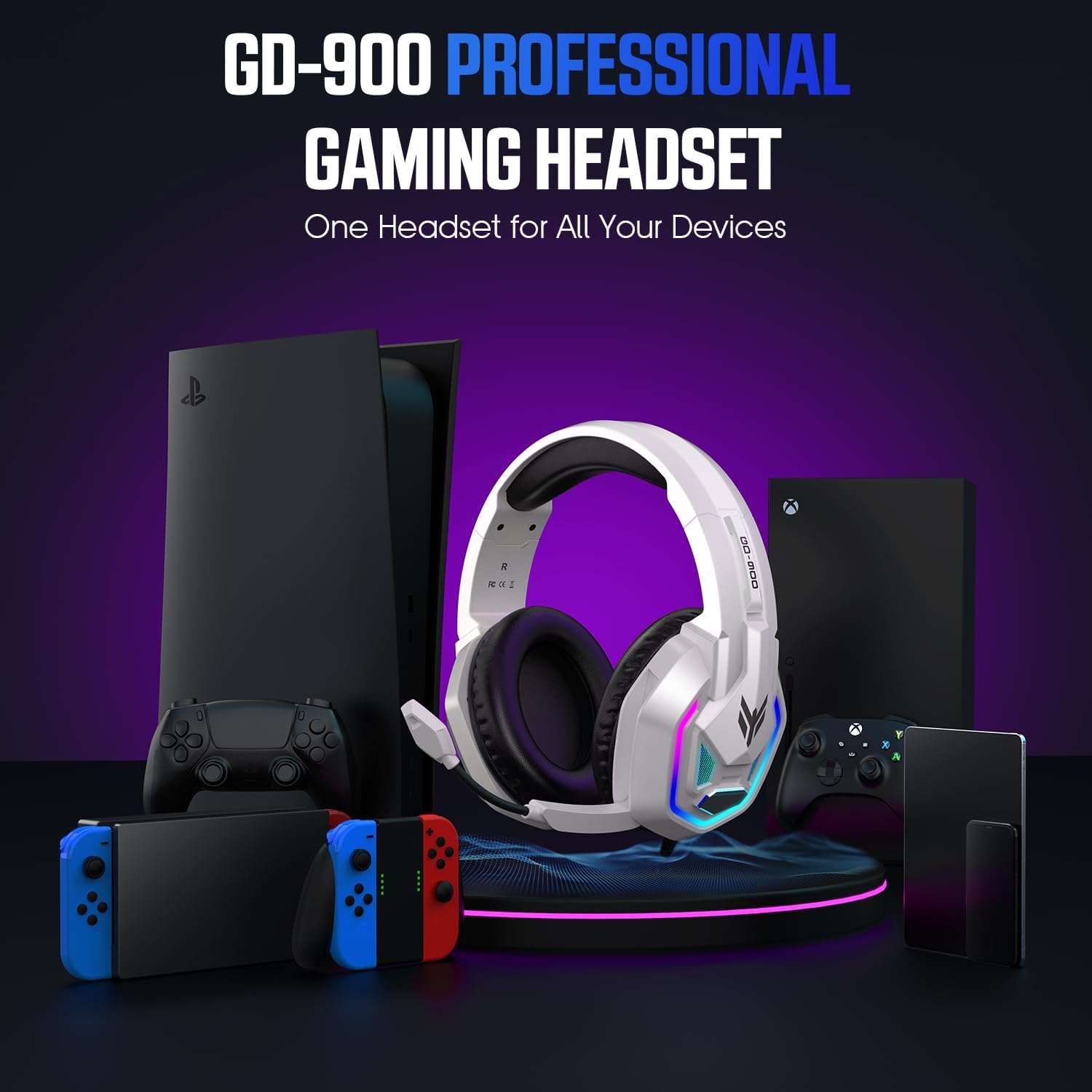 YPBDAN RGB Gaming Headset with Mic for PS5 PS4 Xbox Series X|S Xbox One PC | 7.1 Surround Sound, Noise Cancelling Mic, 50mm Drivers