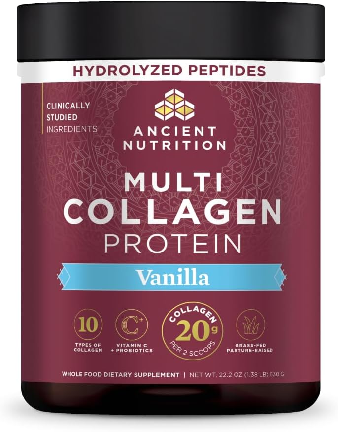 Ancient Nutrition Multi Collagen Protein Powder, 5 Types of Food Sourced Collagen, Providing Types I, II, III, V, and X, 16.2 Ounce