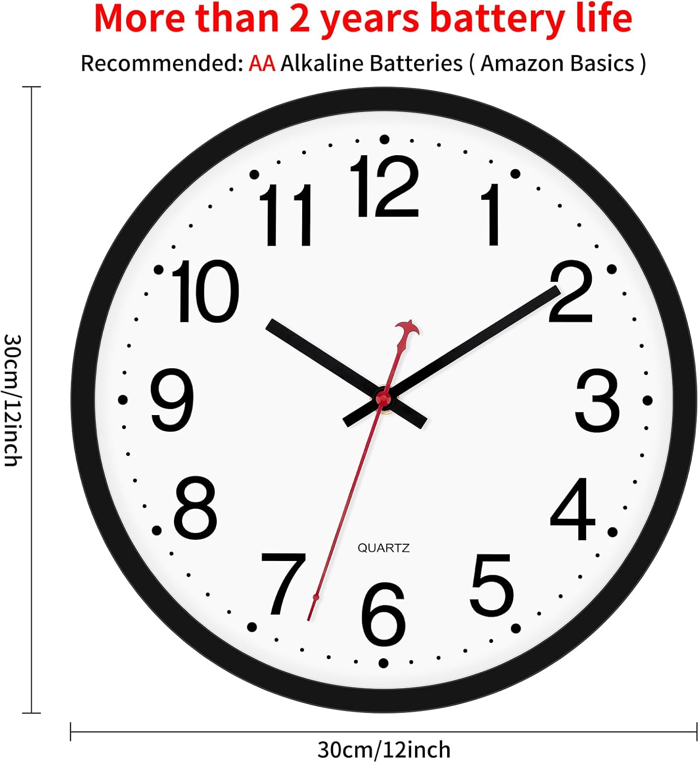 Foxtop 12 Inch Wall Clock Silent Battery Operated Analog Clock, Black