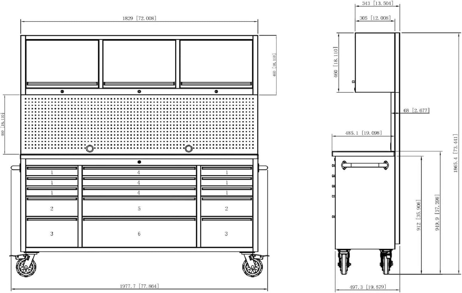72-inch Tool Chest Cabinet Rolling Garage Workbench with 15 Storage Drawers and Wheels, 3 Upper Cabinet, Pegboard, Steel Large Tool Box,Matte Black