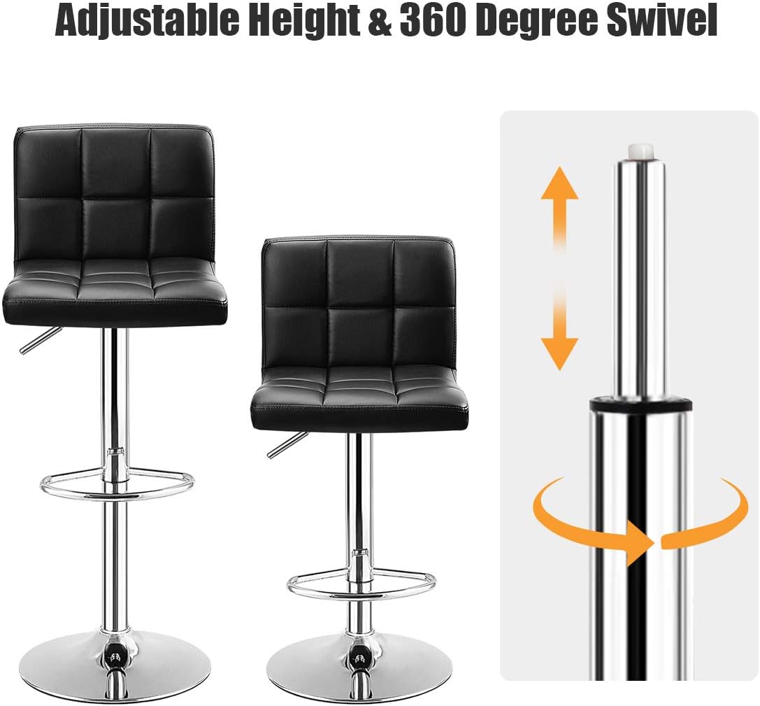 COSTWAY Bar Stool, Modern Swivel Adjustable Height PU Leather Barstools with Back, Square Armless Counter Height Bar Chair for Kitchen Island Dining Living Bistro Pub Counter, Black