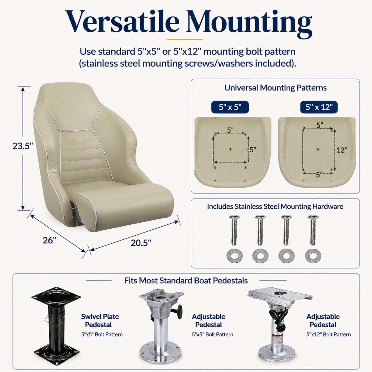 Seamander Boat Captains Chair,Captain Bucket Seat with Flip Up Bolster,Integral Rotomolded Frame, Premium EPDM Foam Material, Marine Grade Vinyl (A-White/Charcoal)