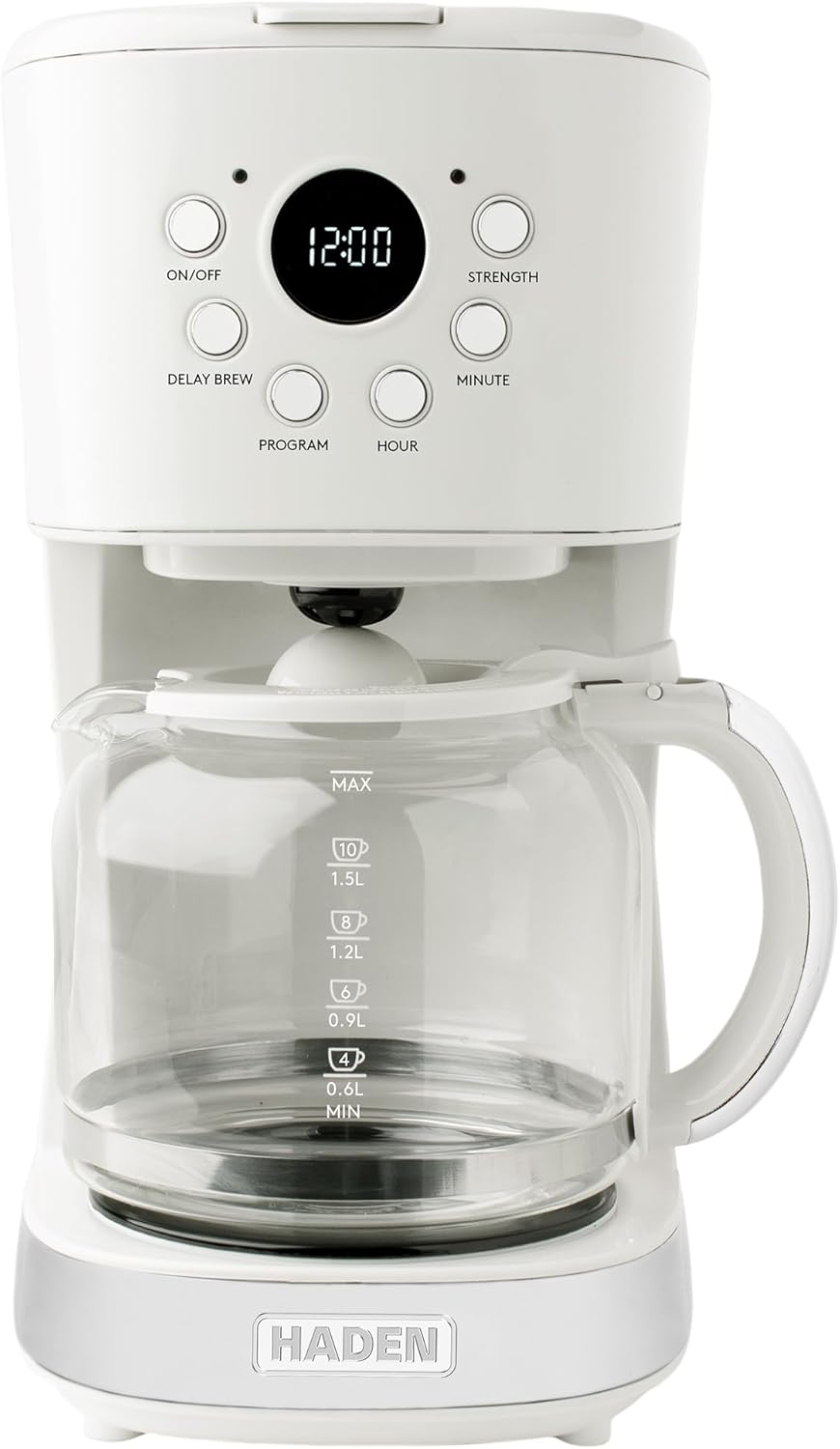 HADEN 12-Cup Programmable Coffee Maker for Home or Office, Putty & Chrome – Drip Brewer Machine with Brew Strength, Delay Brewing