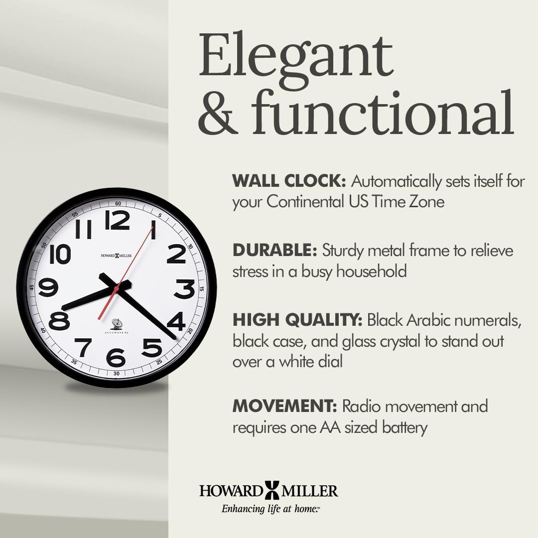 Howard Miller Accuwave Wall II Radio-Controlled Wall Clock – Auto Time Zone & DST, Soft Tick, White Dial, Crystal Glass, AA Battery