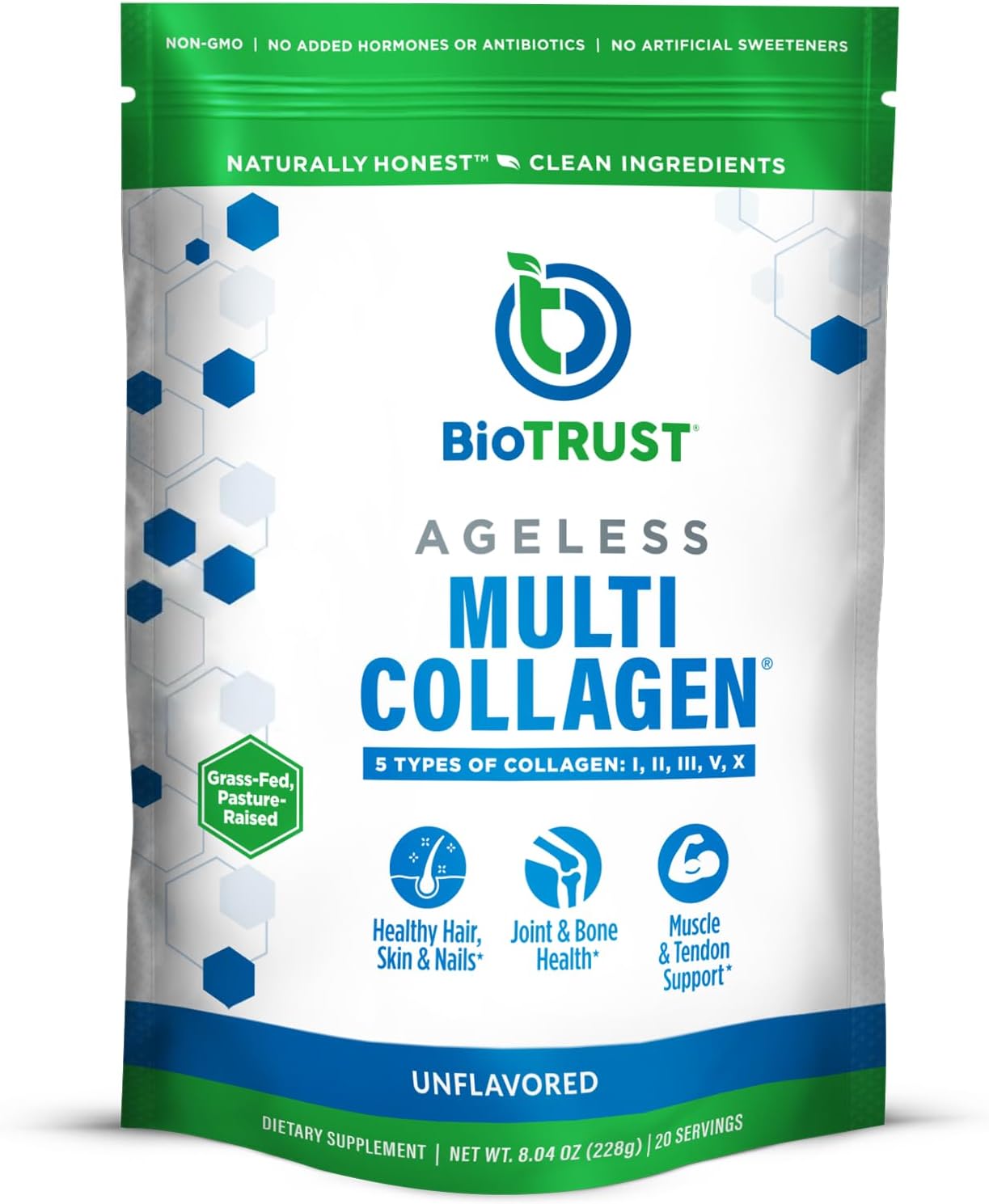 BioTrust Multi Collagen Peptides Unflavored Powder - Hydrolyzed, Grass Fed | 5 collagen types (I, II, III, V & X) from grass fed beef, fish, chicken & eggshell membrane with protein support