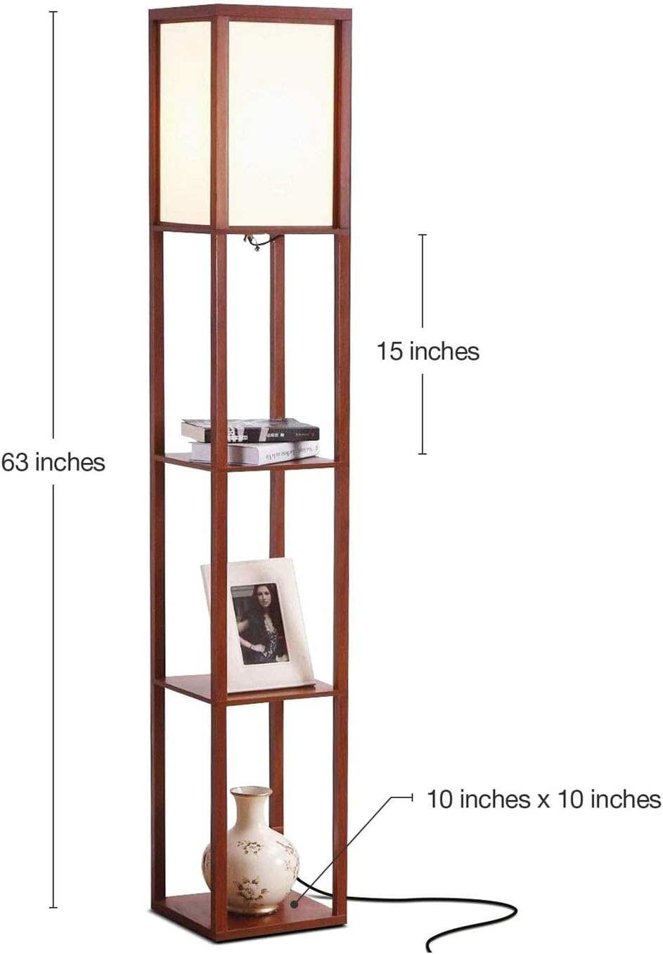 Brightech Maxwell - Modern Shelf Floor Lamp with Lamp Shade & Warm White LED Bulb, Corner Display Floor Lamp with Shelves for Living Room, Bedroom, Nightstand Office, Home Decor Storage - Natural Wood