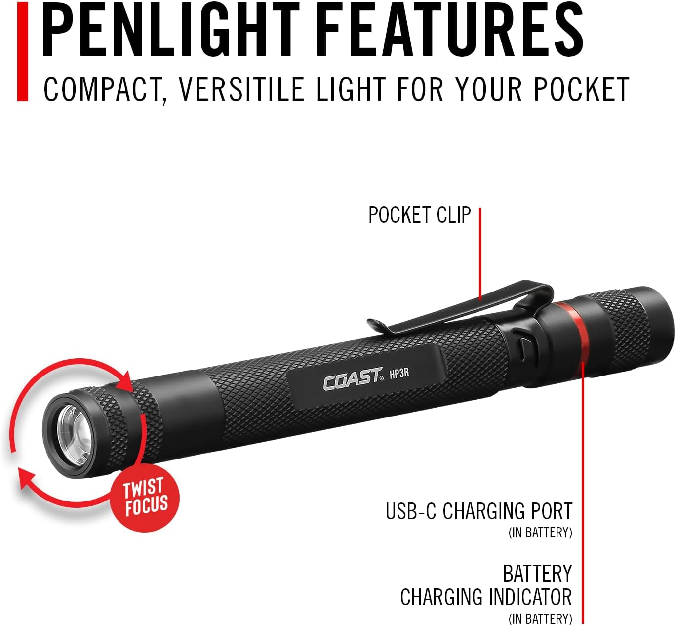 COAST HP3R 500 Lumen Rechargeable LED Penlight with TWIST FOCUS, Black