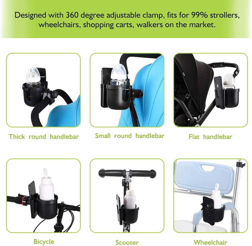 Accmor Stroller Cup Holder with Phone Holder, Bike Cup Holder, Universal Cup Holder for Uppababy Nuna Strollers, 2-in-1 Drinks Holder for Walker