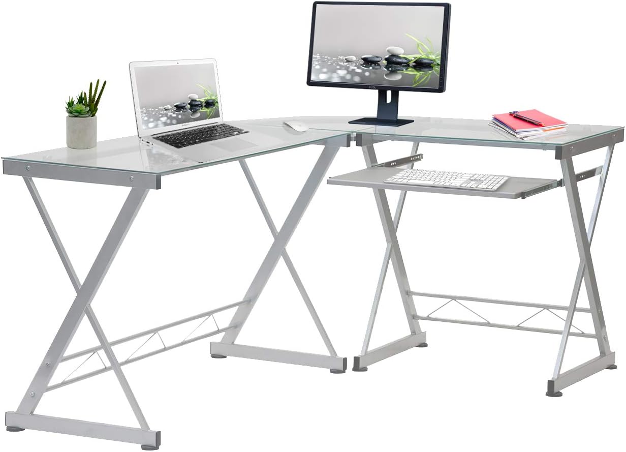 Techni Mobili L Shaped Desk with Keyboard Tray & Tempered Glass Desktop | Home Office, Corner Desk, Work From Home, Professional