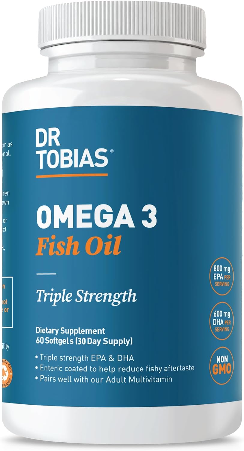 Dr. Tobias Omega 3 Fish Oil 2000mg Triple Strength | 180 Softgels | Heart, Brain & Joint Support | 2,000 mg Fish Oil | 800 mg EPA + 600 mg DHA | Delayed Release Omega 3 Supplement | 90 Servings