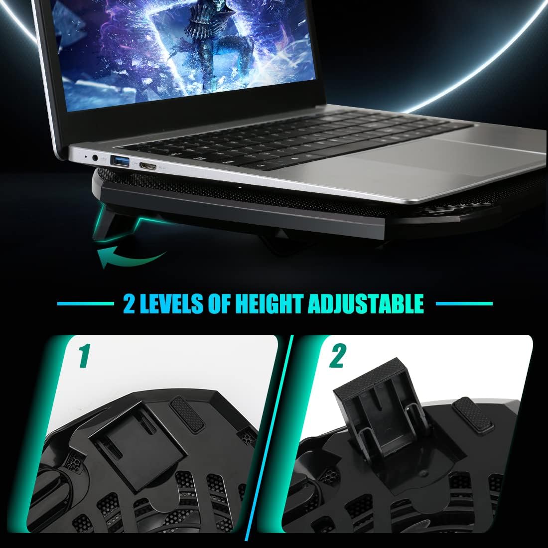 LIANGSTAR Laptop Cooling Pad, Gaming Laptop Cooler with 2 Quiet Big Fans, RGB 7 Color Light Change, Portable USB Laptop Stand 11 to 15.6 Inch