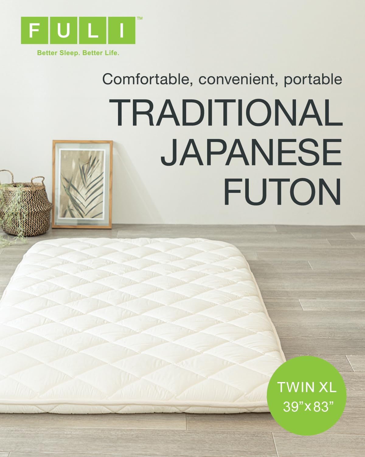 FULI Japanese Futon, Twin XL Size, White - Foldable Shikibuton Floor Bed | Medium Firm Quilted Cotton Sleeping Pad, Portable Roll-Up Japanese Floor Bed for Guests & Small Spaces, 100% cotton surface