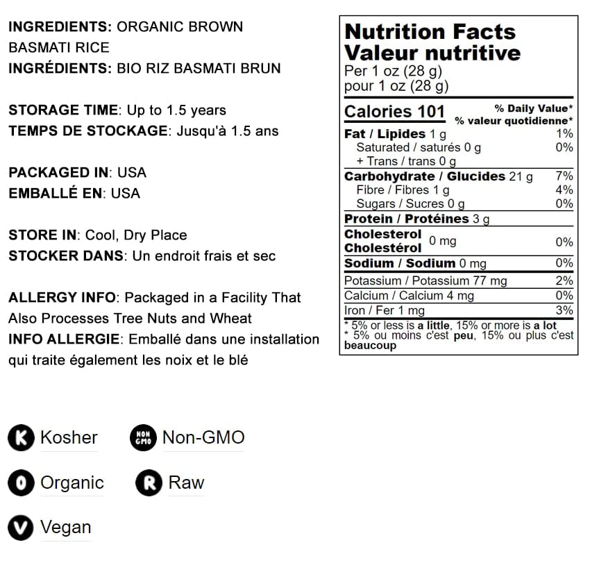 Food to Live Organic Brown Basmati Rice, 20 Pounds Non-GMO, Whole Long-Grain Rice Variety, Fragrant, Kosher, Vegan, Bulk. Less Starch Content. High in Dietary Fiber. Great for Making Stir-Fries