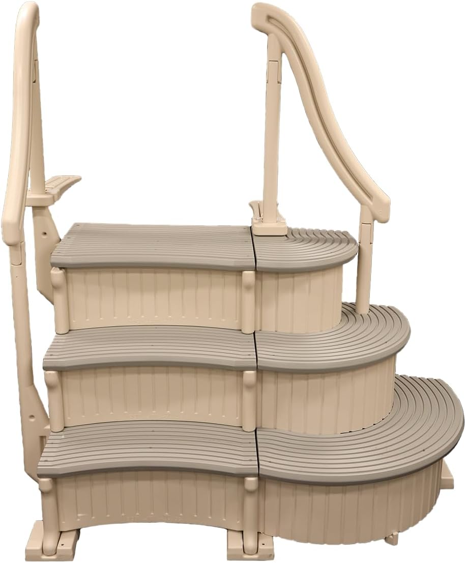 Confer Plastics Curved Drop-in Inground Pool Step 3 Tread Stair Entry System w/ 2 Handrails & Adjustable Mounting Brackets - Base Step, Grey Treads
