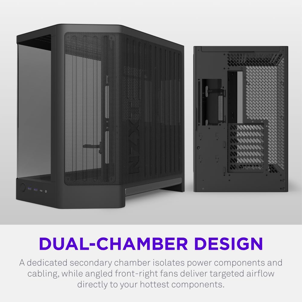 NZXT H6 - Compact Dual-Chamber ATX PC Case - White | Dual-chamber ATX case supporting up to 10 120mm fans and 360mm radiators, with back-connect motherboard compatibility.