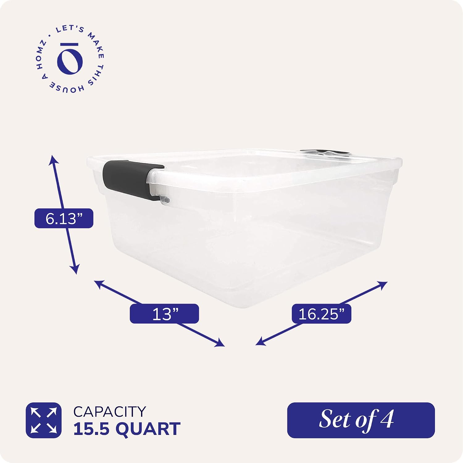 HOMZ Clear Plastic Storage Bins with Latching Lid, 15.5 Qt, Blue, 4 Pack | Stackable Container Set for Home, Office Shelves, Kitchen, Garage, and Bathroom Organization