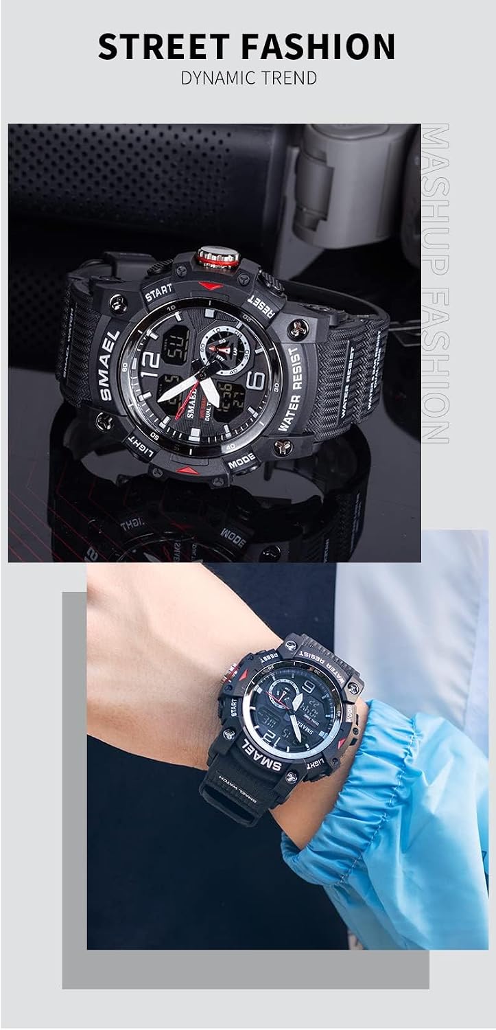 Gosasa Men's Large Face Outdoor Sports Watches Military S-Shock Watch Waterproof, Backlight, Alarm, Stopwatch Features - Rugged Wristwatch for Training, Hiking, and Adventure