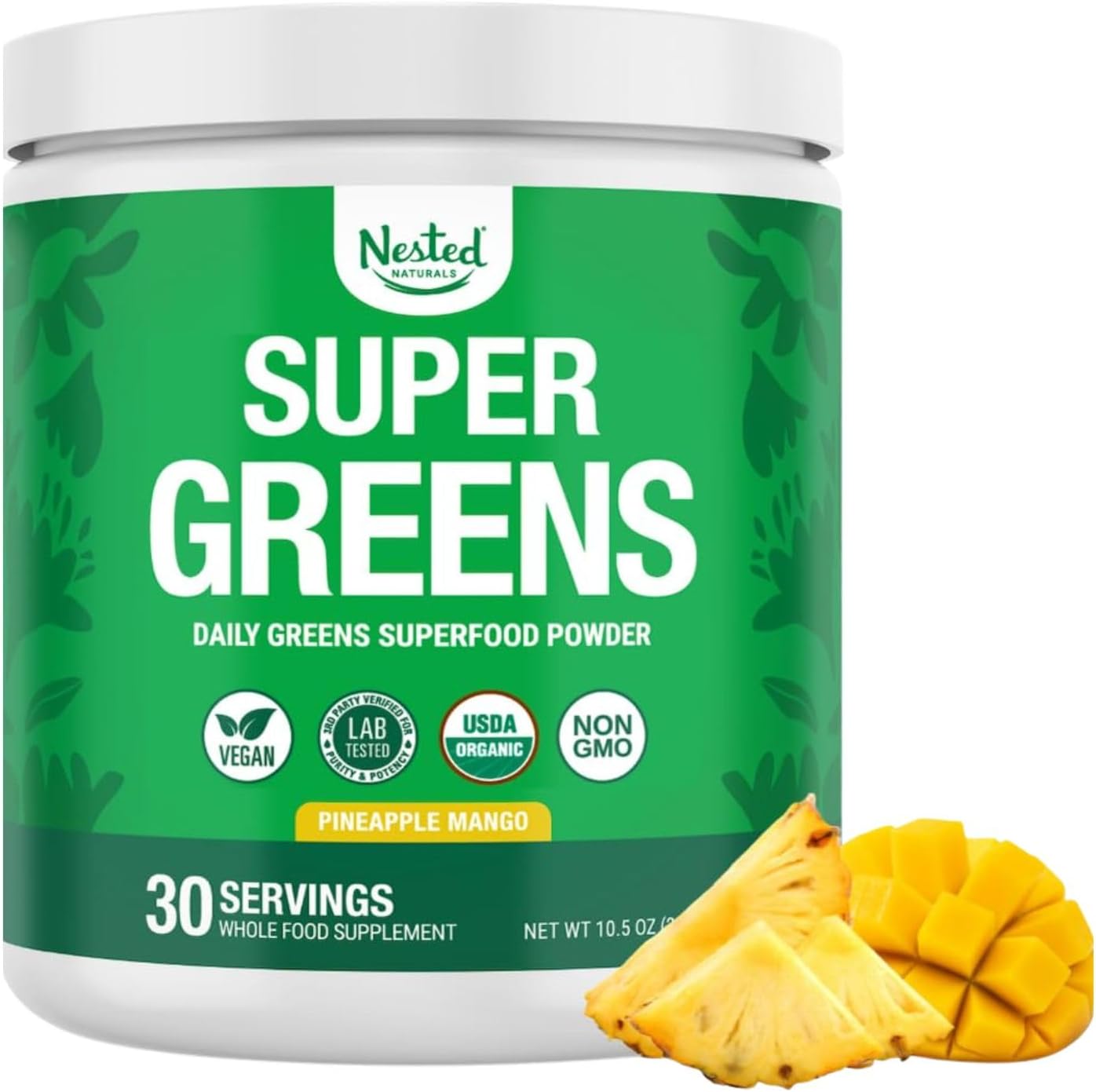 Nested Naturals Super Greens Daily Superfood Powder - Certified USDA Organic Green Powder w/20+ Whole Foods, Spirulina Powder,Wheat & Barley Grass - Probiotics, Fiber & Enzymes - Original Flavour, 30
