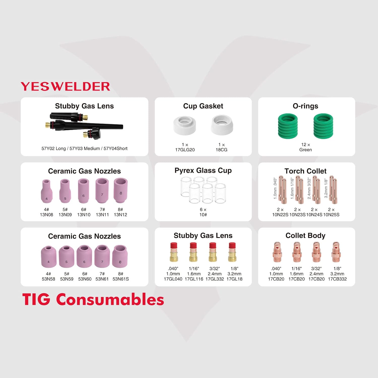 YESWELDER 49Pcs TIG Welding Torch Stubby Gas Lens #10 Glass Cup Kit